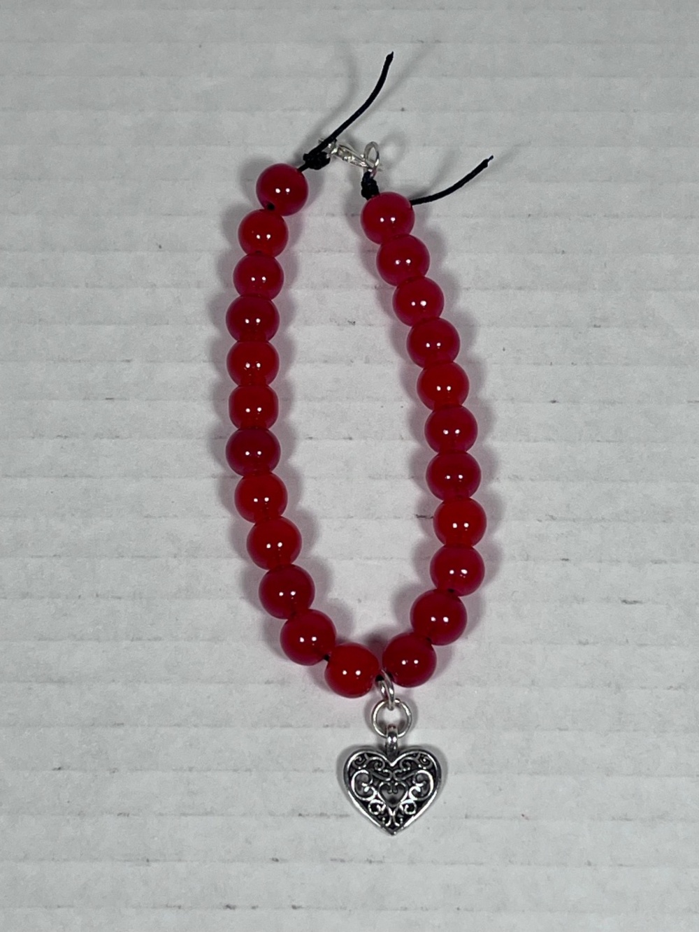 Ornate Silver Heart Red Glass Bead Bracelet ~8.25 inches